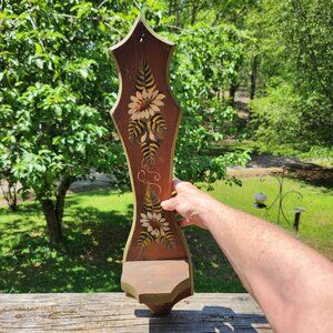 Vintage Handmade Farmhouse Wall Shelf With Oil Painted Floral Design & Green Acc